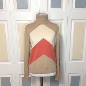 Neiman Marcus Cashmere Women's Medium Tan Cream Coral Chevron Turtleneck Sweater